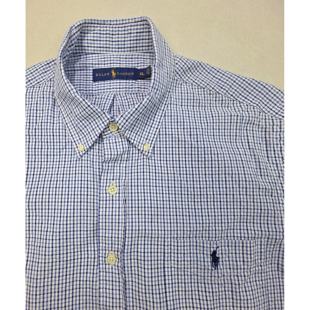 Polo Ralph Lauren Shirt Mens XL Seersucker LIMITED USE Short Sleeve Blue‎ Check